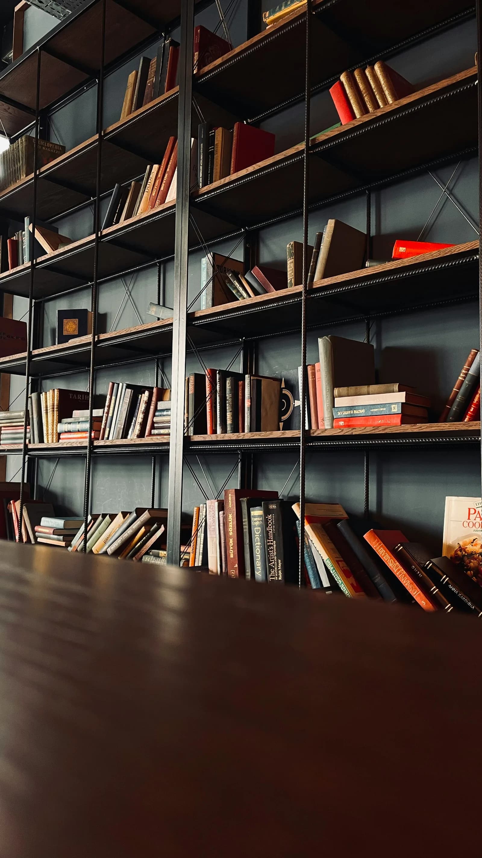 A quiet study space lined with books.