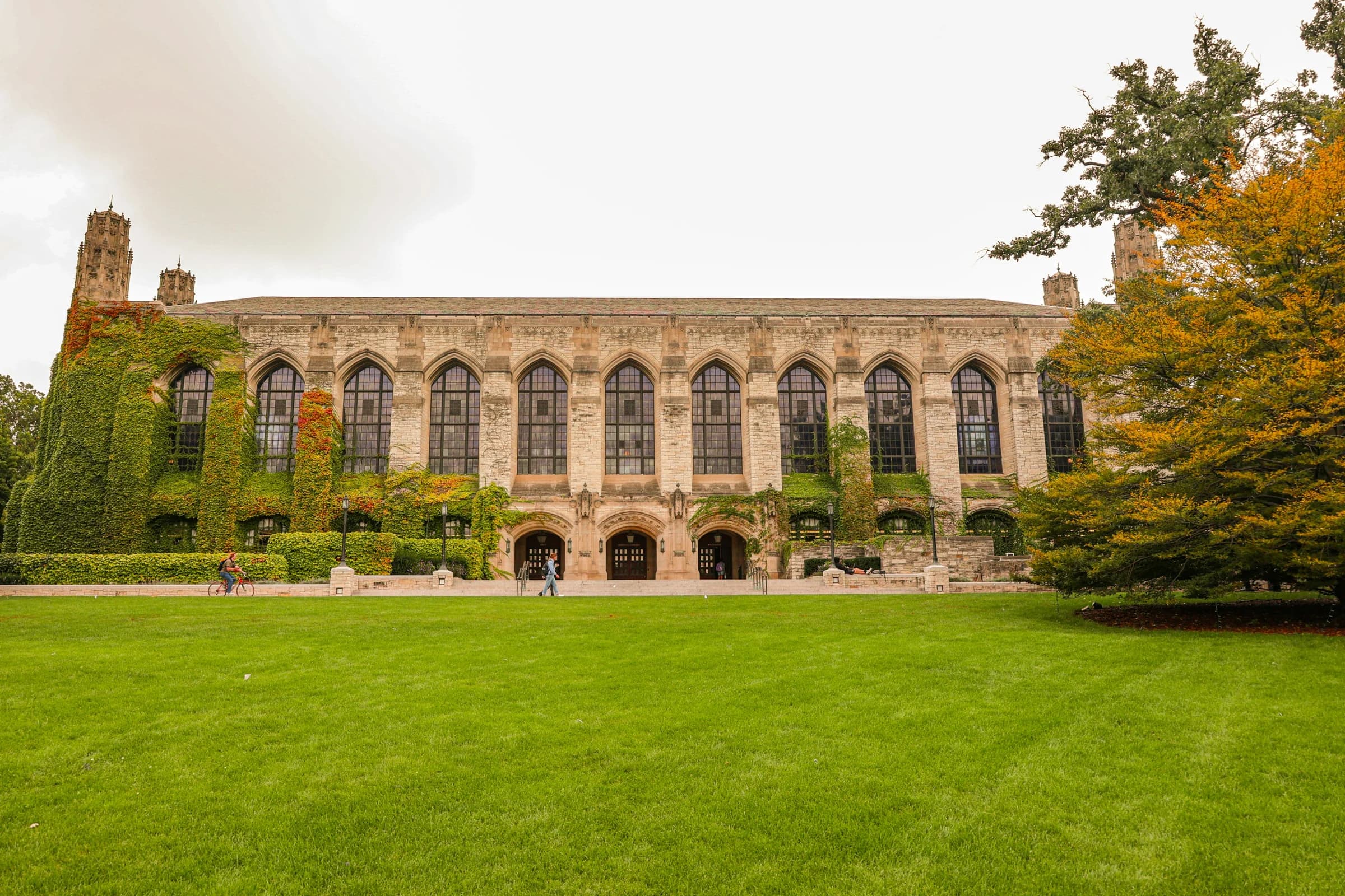 Deering Library at Northwestern University framed by autumn trees.