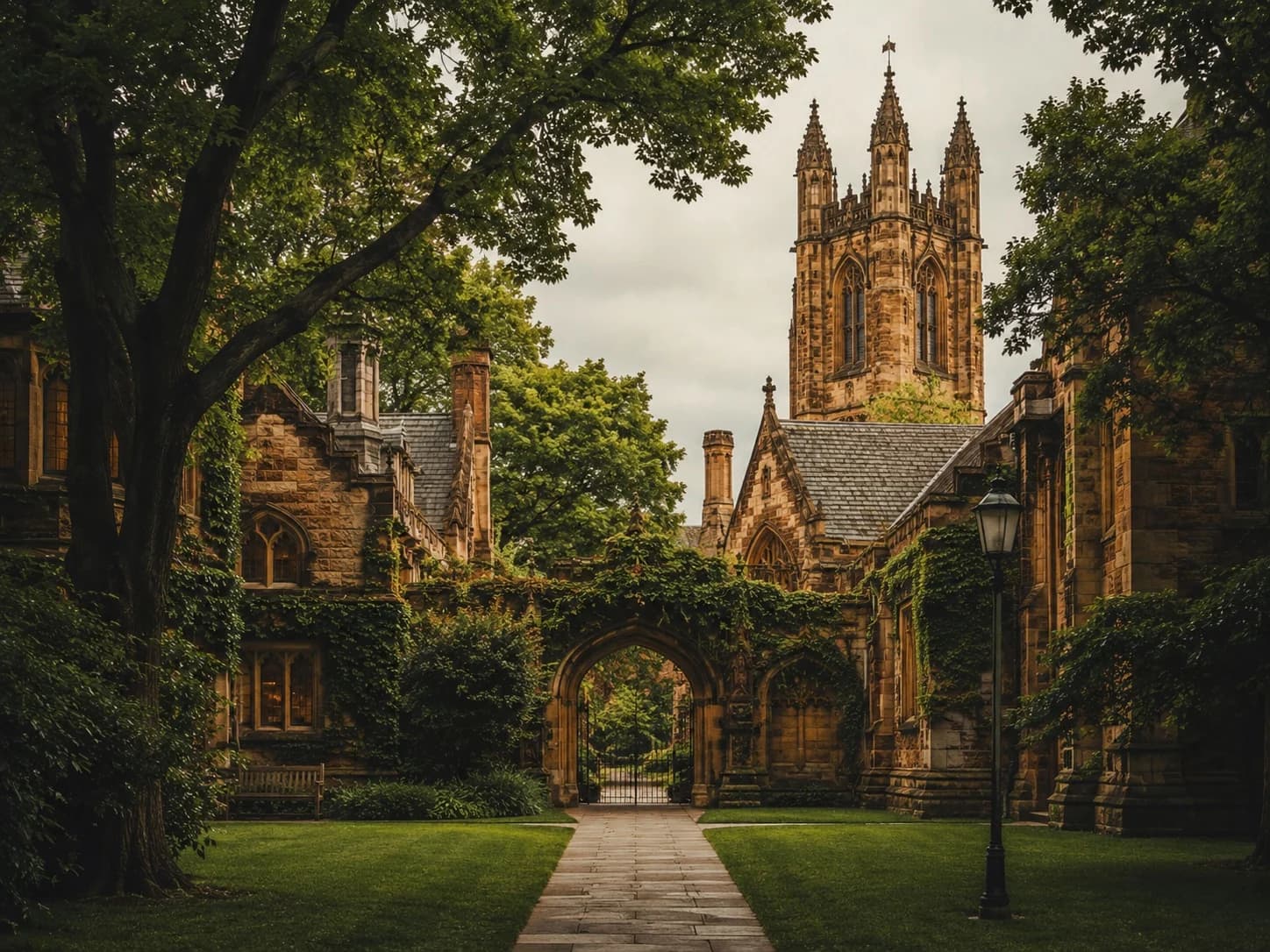 Ivy-covered stone campus courtyard with an arched gate and spired tower.