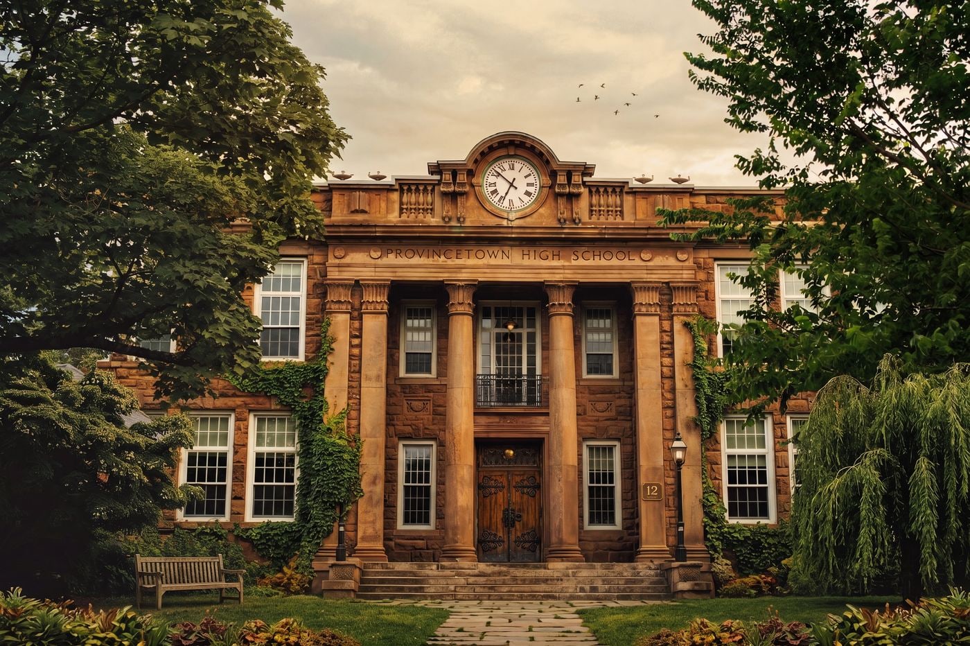 A classic schoolhouse on a clear day.